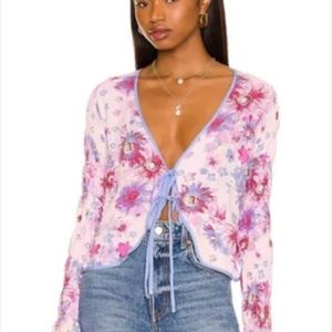 Free people venice Rose printed top woman's size XL Pink Floral Rouch sleeves